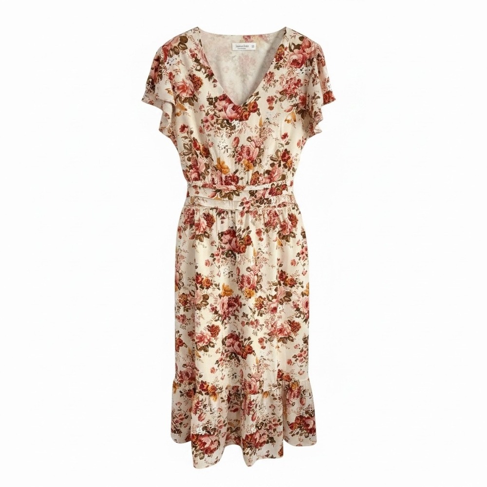 Jasambac Floral Ruffle Midi Dress Women X-Large Pockets Cream Pink Cottagecore